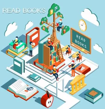 The concept of learning, read books in the library, tree of knowledge Illustrazione stock