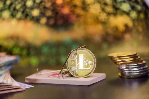 Concept of litecoin in a  mouse trap. Risks and dangers of investing in the c Stock Photos
