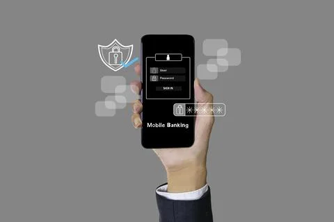 The concept of logging into the banking system to transfer money via the mo.. Stock Photos