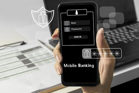 The concept of logging into the banking system to transfer money via the mo.. Stock Photos