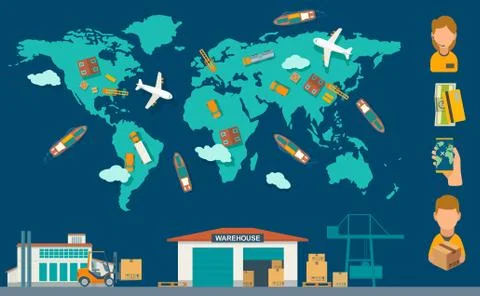 Concept logistic process from factory to warehouse with world map. Vector col Stock Illustration