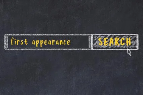 Concept of looking for first appearance. Chalk drawing of search engine and i Foto stock