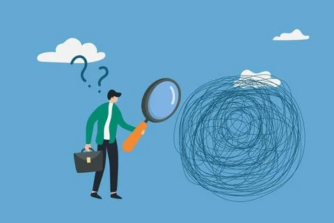 The concept of looking for the source of a problem and a solution to solve .. Illustrazione stock