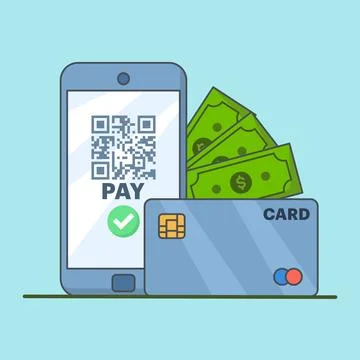 Concept of making cashless payments, with mobile phone or debit card Stock Illustration