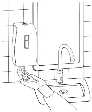 Concept male hand use automatic liquid soap foam dispenser close up. Personal Illustrazione stock