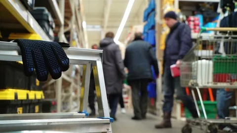 Concept man shopping in construction hypermarket. POV bottom view from the Stock Footage 76888884