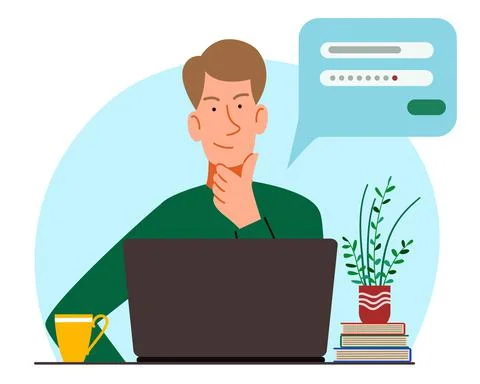 The concept of a man thinking behind a laptop. Stock Illustration