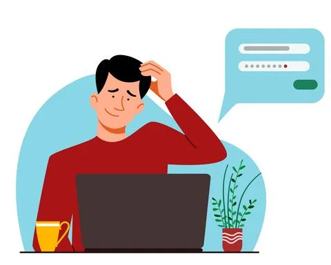 The concept of a man thinking behind a laptop. Stock Illustration