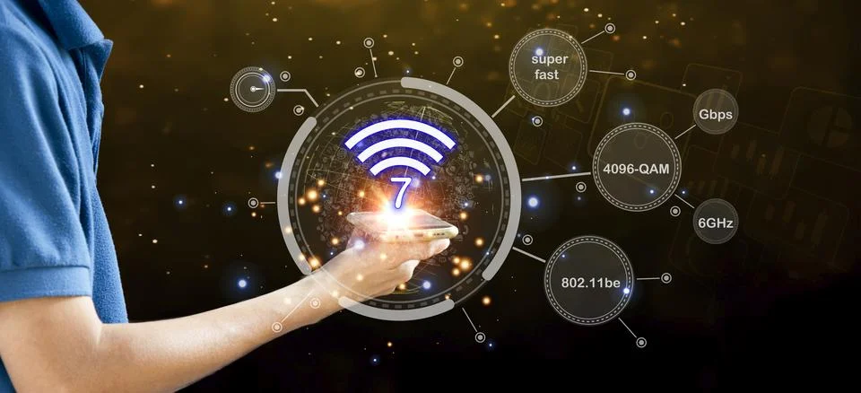 Concept man using wifi technology 7 connected to the internet world with ne.. Stock Photos