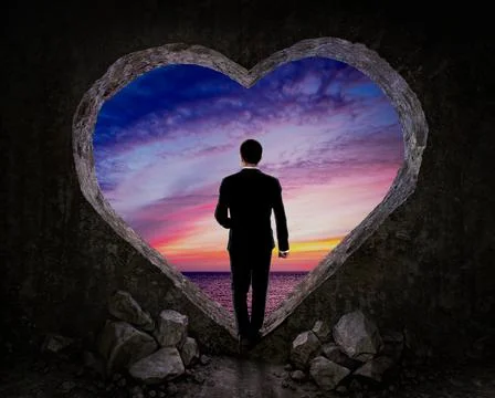 A concept of man walking through the hole in wall in a shape of heart right i Stock Illustration