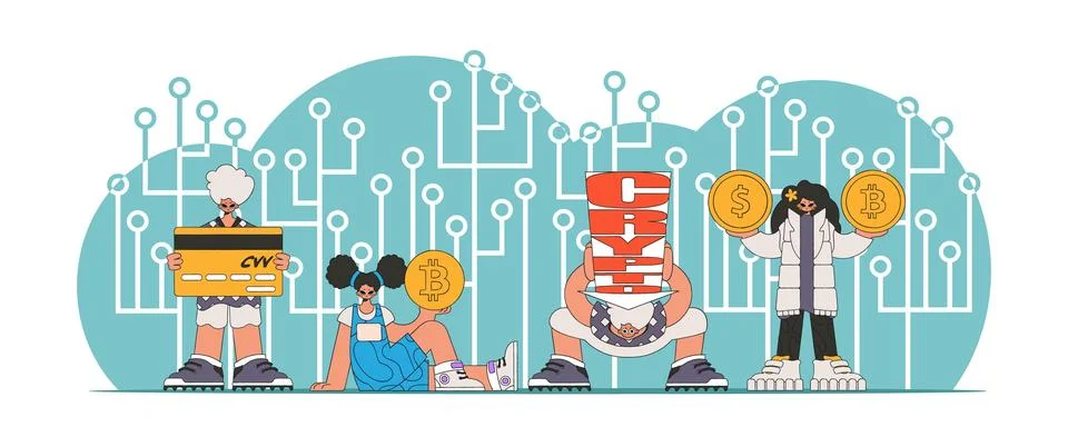 The concept of managing interaction with digital monetary assets. People in.. Stock Illustration