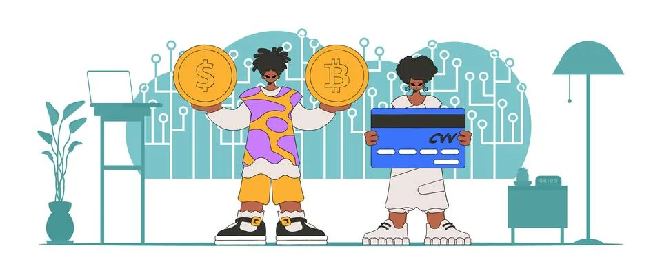 The concept of managing interaction with digital monetary assets. People in.. Stockillustratie