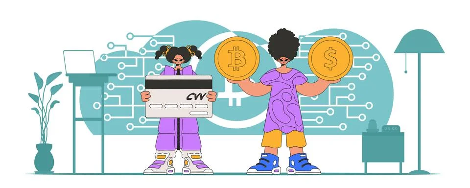 The concept of managing interaction with digital monetary assets. People in.. イラスト素材