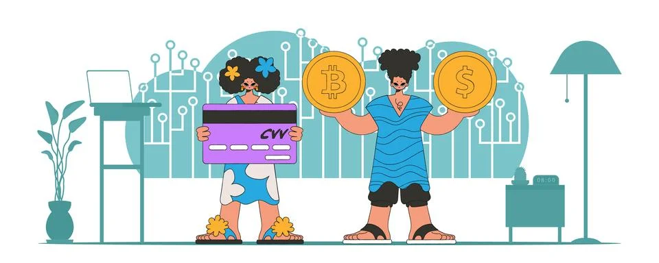The concept of managing interaction with digital monetary assets. Team of p.. イラスト素材