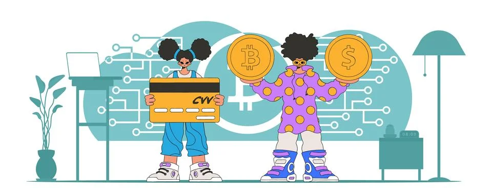 The concept of managing interaction with digital monetary assets. A team of.. Stock Illustration