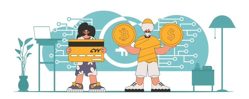 The concept of managing interaction with digital monetary assets. a group o.. Stock Illustration