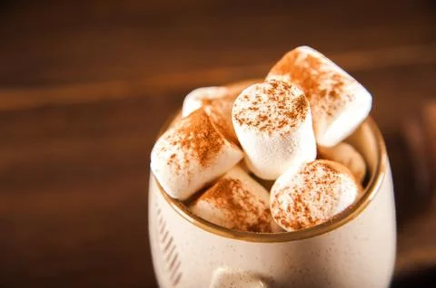 Concept with marshmallows in a circle on a dark background. Autumn, coffee, tea, Stock Photos