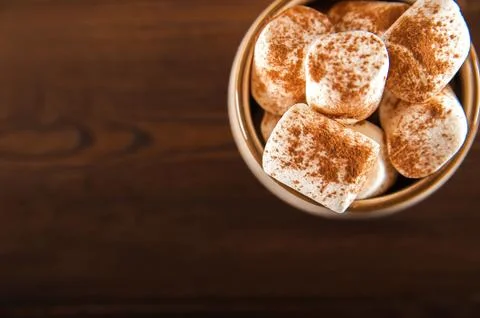  Concept with marshmallows in a circle on a dark background. Autumn, coffee, tea Stock Photos