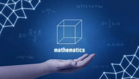 Concept of mathematics. Cube in hand surrounded by mathematical formulas and  写真素材