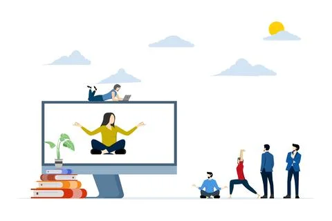 Concept of meditation during work break, health benefits of body, mind. Stock Illustration