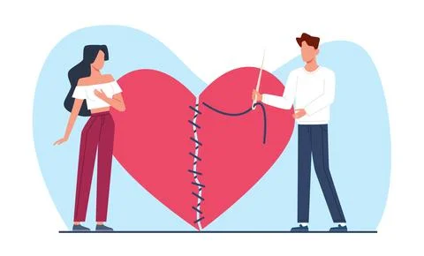 Concept of mending interrupted relationship, guy stitching up torn heart with Stock Illustration