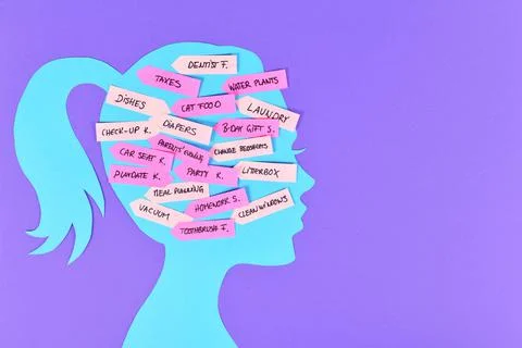 Concept for mental load with womans head silhouette with multiple tasks on notes 库存照片