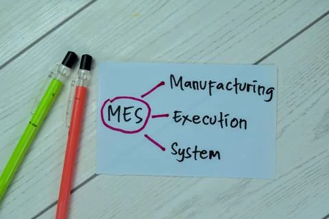 Concept of MES - Manufacturing Execution System write on sticky notes Stock Photos