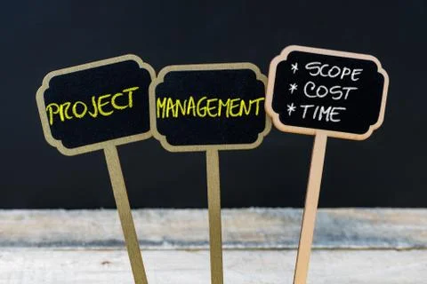 Concept message PROJECT MANAGEMENT - SCOPE, COST, TIME Stock Photos