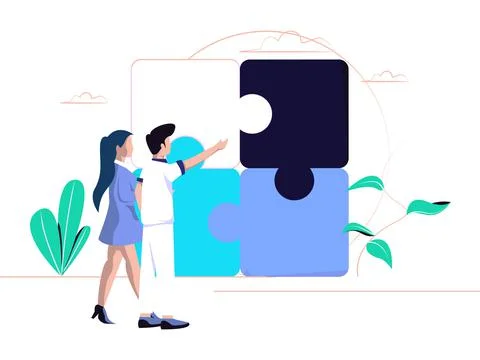 Concept metaphor. Co-workers provide instructions for connecting puzzle eleme Stock-Illustration