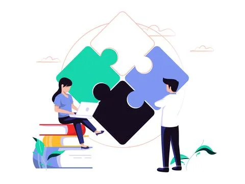 Concept metaphor. People analyze the elements of the puzzle. Flat design styl Stock Illustration