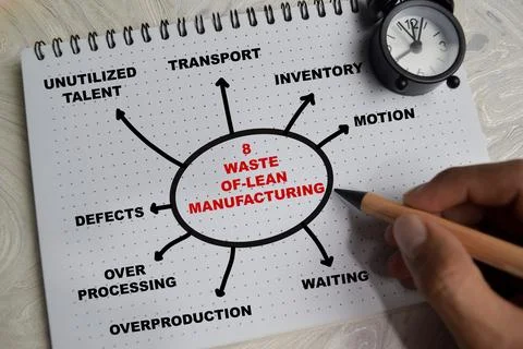 Concept of mind map 8 waste of-lean manufacturing write on book Stock Photos