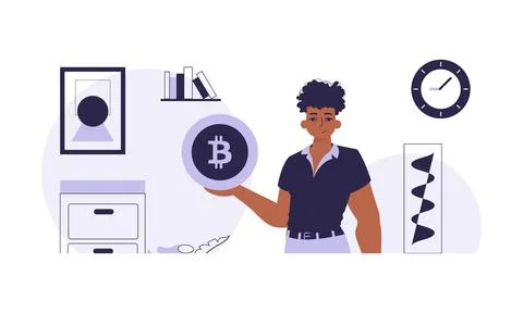 The concept of mining and extraction of bitcoin. A man holds a bitcoin in h.. Stock Illustration