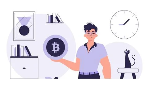 The concept of mining and extraction of bitcoin. A man holds a bitcoin coin.. Illustrazione stock