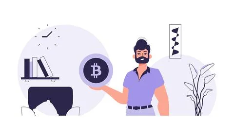 The concept of mining and extraction of bitcoin. A man holds a bitcoin coin.. 스톡 일러스트