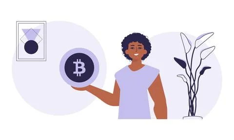 The concept of mining and extraction of bitcoin. A man holds a bitcoin coin.. Stock Illustration
