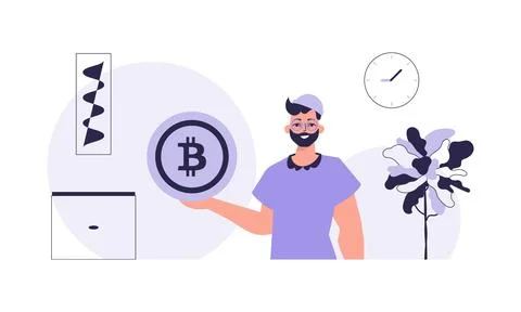 The concept of mining and extraction of bitcoin. A man holds a bitcoin in t.. Illustrazione stock