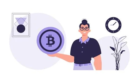 The concept of mining and extraction of bitcoin. A man holds a bitcoin in t.. 스톡 일러스트