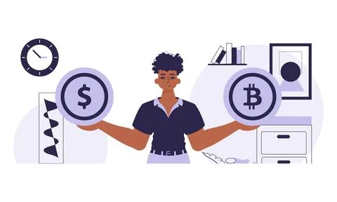 The concept of mining and extraction of bitcoin. A man holds a bitcoin and .. Stock Illustration