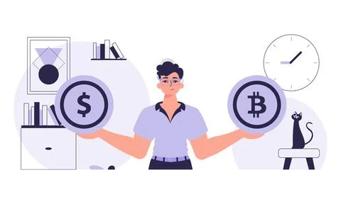 The concept of mining and extraction of bitcoin. A man holds a coin of bitc.. Stock Illustration