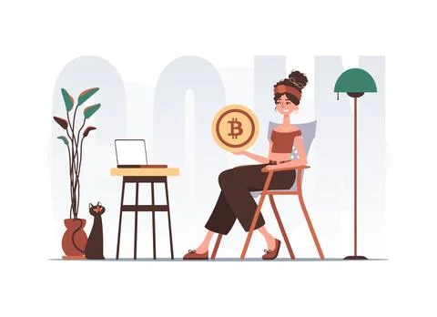 The concept of mining and extraction of bitcoin. A woman sits in a chair an.. Stock Illustration