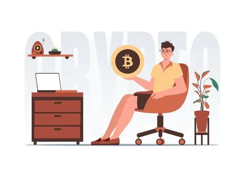 The concept of mining and extraction of bitcoin. The guy sits in a chair an.. 스톡 일러스트