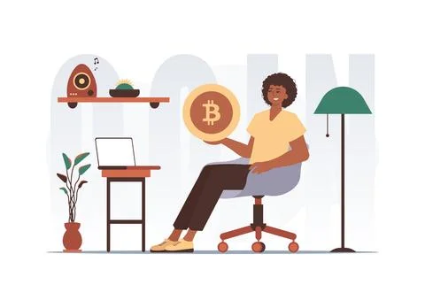 The concept of mining and extraction of bitcoin. The guy sits in a chair an.. Illustrazione stock