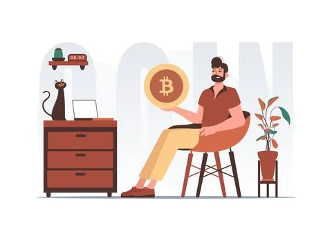 The concept of mining and extraction of bitcoin. The guy sits in a chair an.. Illustrazione stock