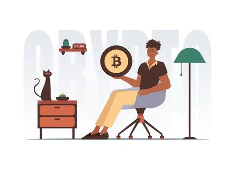 The concept of mining and extraction of bitcoin. The guy sits in a chair an.. Illustrazione stock