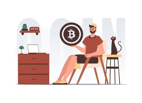 The concept of mining and extraction of bitcoin. The guy sits in a chair an.. Illustrazione stock
