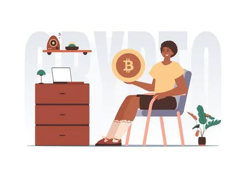 The concept of mining and extraction of bitcoin. The guy sits in a chair an.. Stock Illustration
