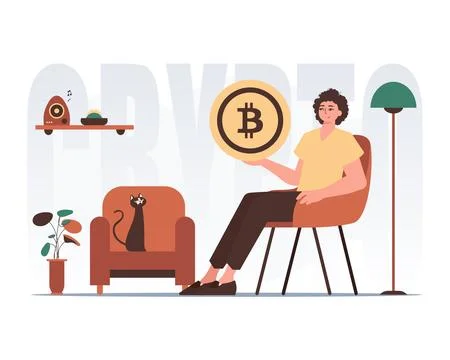 The concept of mining and extraction of bitcoin. The guy sits in a chair an.. Stock Illustration