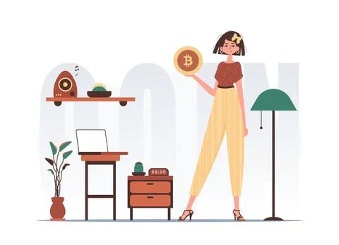 The concept of mining and extraction of bitcoin. A woman holds a bitcoin co.. Stock Illustration