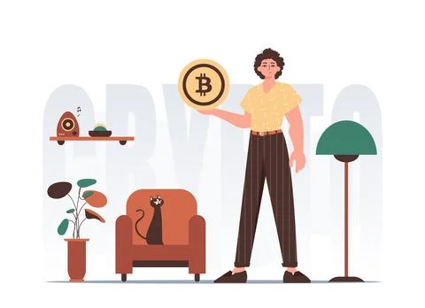 The concept of mining and extraction of bitcoin. A man holds a bitcoin in h.. Illustrazione stock