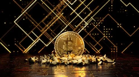 The concept of mining virtual cryptocurrency. Gold bitcoin coin in a mountain Stock Illustration